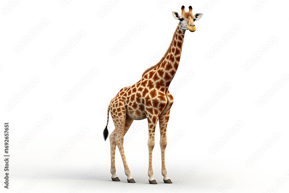 Naklejka premium A tall giraffe standing gracefully against a plain white background, showcasing its unique patterns