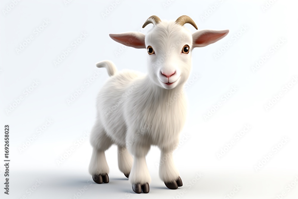 Fototapeta premium A charming white goat playfully standing on a bright background, showcasing its fluffy fur and curious expression