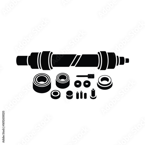 Bicycle bottom bracket and bearing components isolated on white background