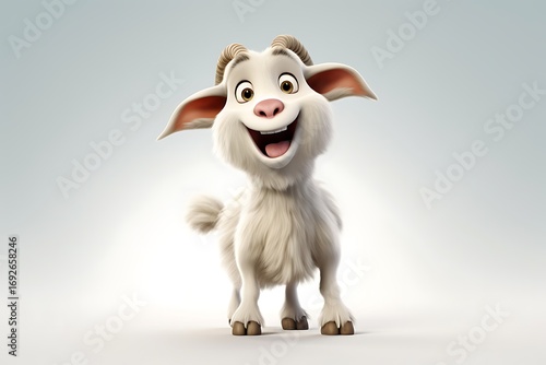 Playful cartoon goat with an expressive smile in a minimalist background setting
