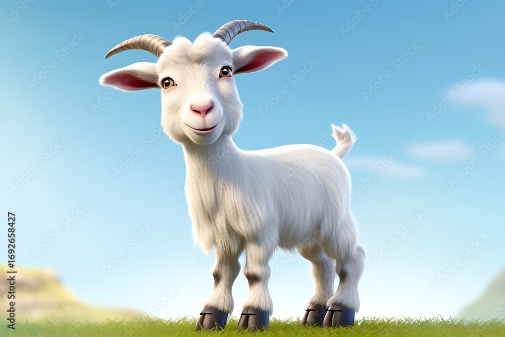 Obraz premium Cheerful cartoon goat standing on green grass under a bright blue sky with fluffy clouds