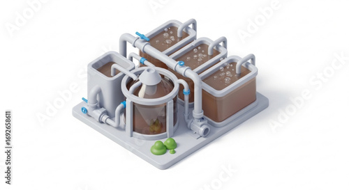 Isometric wastewater treatment plant illustration for industrial water purification process design
