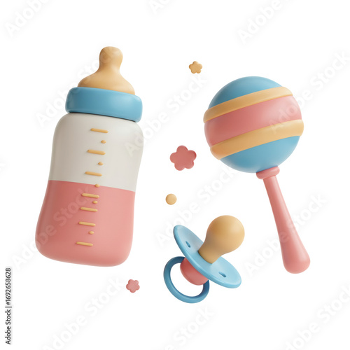Baby Bottle Pacifier and Rattle on Transparent Background in Pink and Blue Pastel Colors with Stars Cute Childlike Objects 3D Render