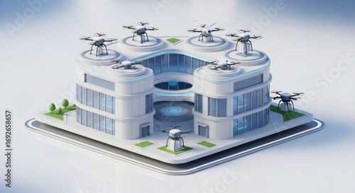 Futuristic drone delivery hub for urban logistics and automated distribution center with drone landing pads