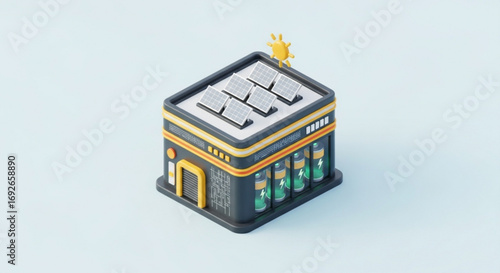 Isometric solar power plant with battery storage for renewable energy and sustainable electricity generation