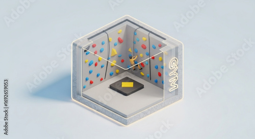 Indoor rock climbing gym with climber practicing bouldering and fitness training isometric view for sport concept