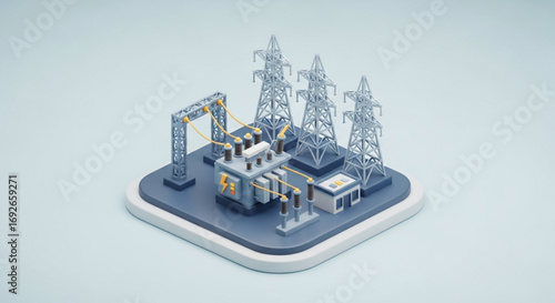 Electrical power grid transmission substation with power lines and transformers illustration design art