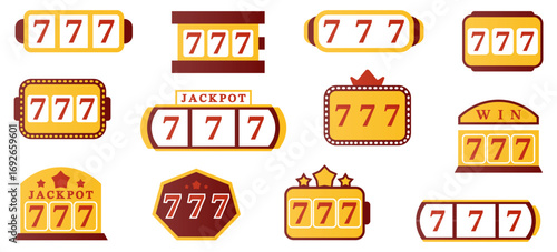 Casino and gambling : lucky 7, jackpot, spin, and win symbols