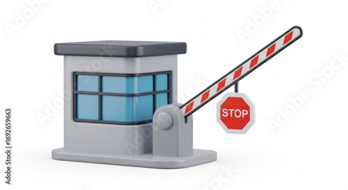 Security booth with barrier gate stop sign access control point checkpoint station entrance tollbooth isolated