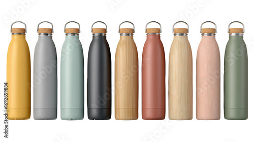 Stylish Water Bottles: A flat lay of stylish water bottles with sleek and modern designs, isolated on a Transparent background, PNG file.