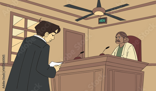A tense courtroom scene showing a lawyer in a black coat cross-examining a witness at a wooden witness stand. The judge watches carefully, while court clerks take notes. Add microphones, old ceiling f