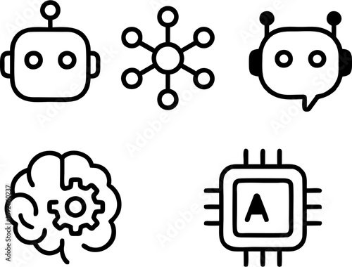 Vector icon set of artificial intelligence concepts, including a robot head, neural network, chatbot, machine learning, and AI chip. Flat minimal design with clean lines, geometric shapes.
