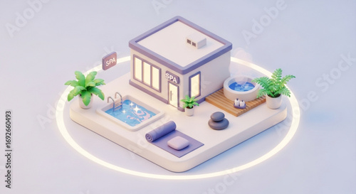 Isometric spa resort wellness center with pool hot tub and massage stones for relaxation and rejuvenation
