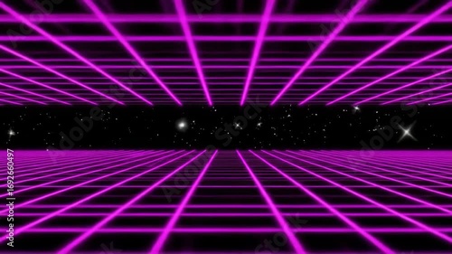 Neon digital grid in retro-futuristic 1980s synthwave style with dynamic camera push through glowing, cosmic virtual space