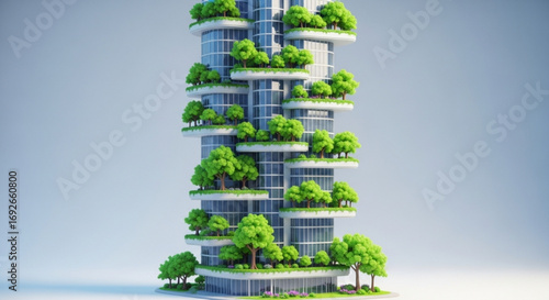Eco friendly skyscraper architecture with green trees and plants on balconies sustainable building design