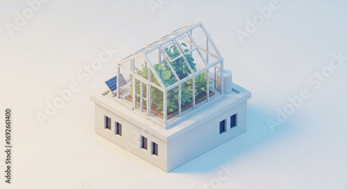 Isometric rooftop greenhouse design with solar panel sustainable architecture and urban farming concept