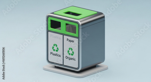 Recycling bin separation of waste container for paper plastic and organic materials green and gray design