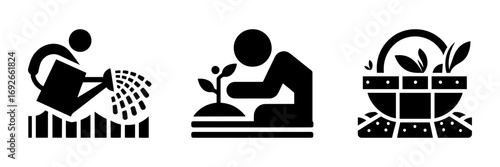Gardening:   watering plants,  planting a seedling,  harvesting .