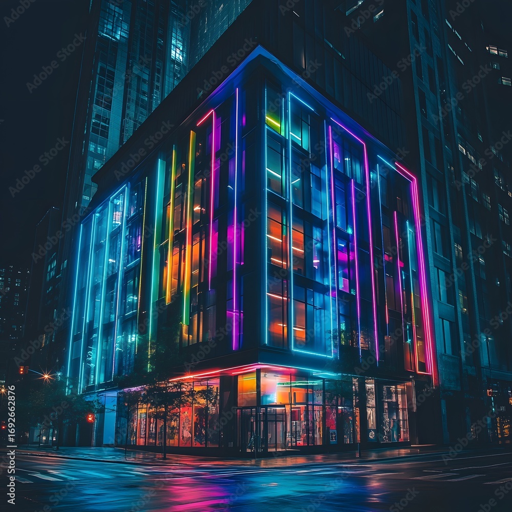Obraz premium City corner building illuminated with colorful neon lights at night on wet street photo