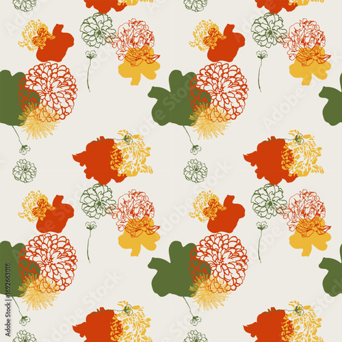 Flowers floral Ink drawn vector seamless repeat pattern in expressive freeform style. Botanical 