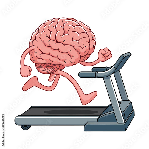 Cartoon brain character running on a treadmill exercising