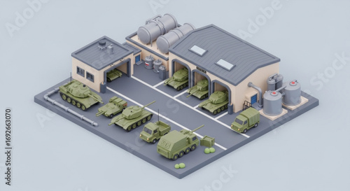 Isometric military base tanks and vehicles army depot for war games and strategic planning simulation 3d render