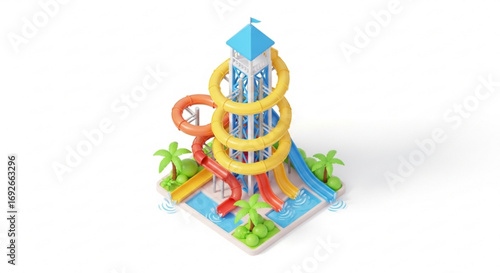 Isometric water park attraction with slides and tower for summer fun and recreation vacation destination
