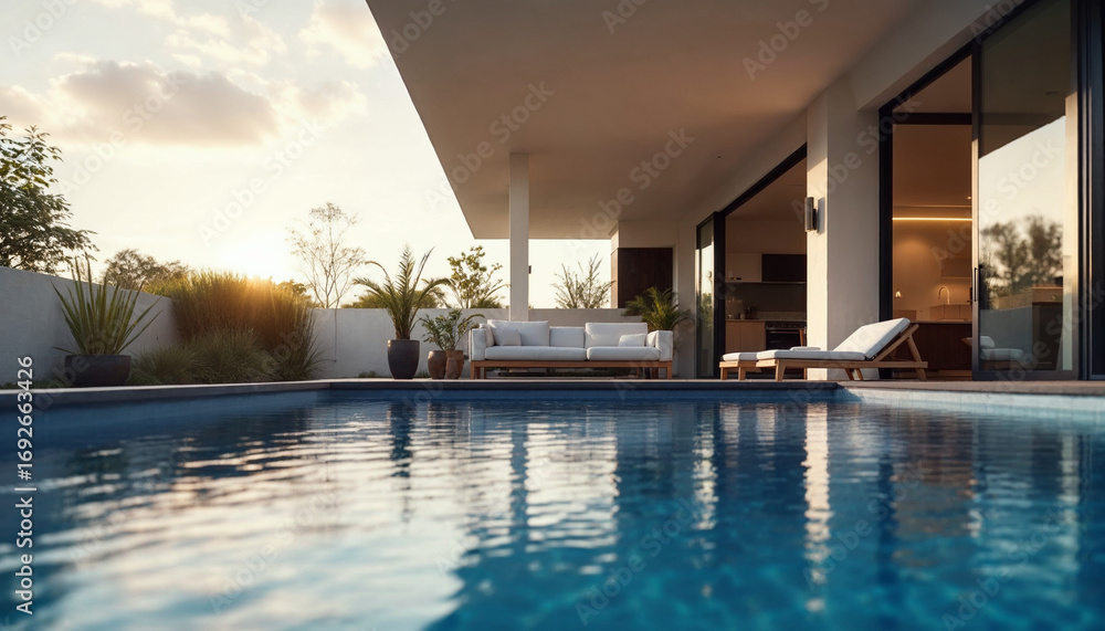 Fototapeta premium Swimming pool in front of modern house with patio and outdoor furniture