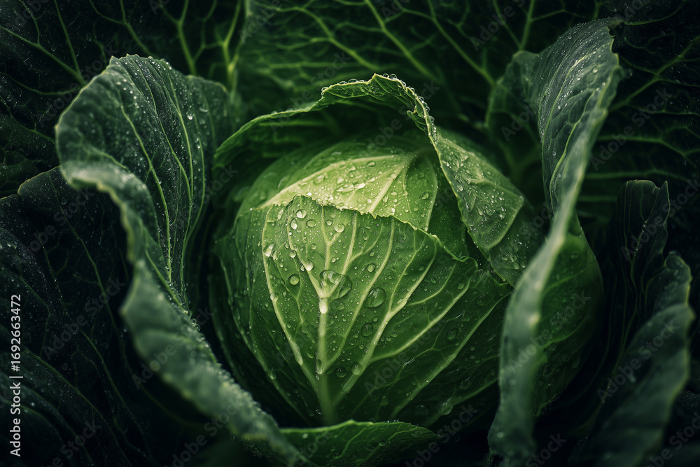 Fototapeta premium Close up of a fresh green cabbage head surrounded by leaves, glistening with dew. Macro shot highlights intricate veining and natural texture of vegetables.