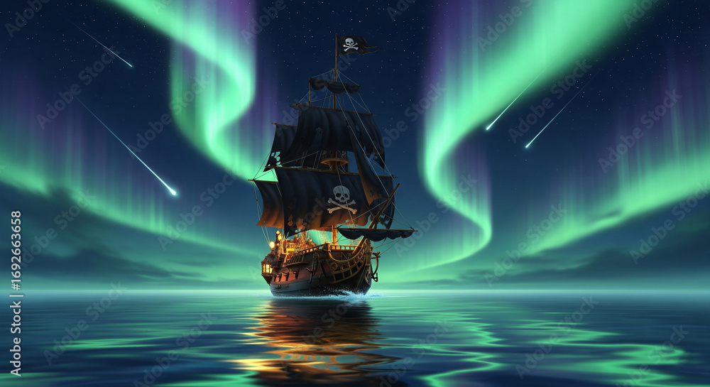 Fototapeta premium A fantasy pirate ship sailing on a calm sea under the aurora borealis and shooting stars