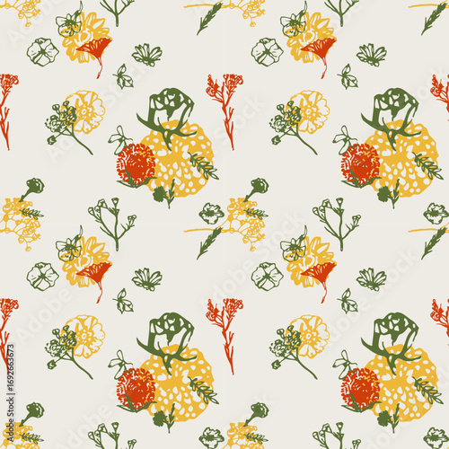 Flowers floral Ink drawn vector seamless repeat pattern in expressive freeform style. Botanical 