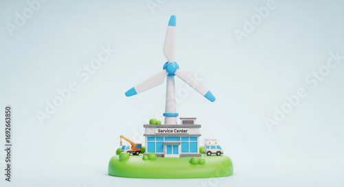 Wind turbine service center with crane and vehicle for renewable energy maintenance and repair services needs