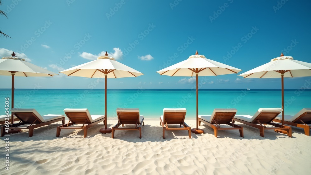 Obraz premium Luxury Resort Beach Loungers Arrangement at Sunset Wide Screen