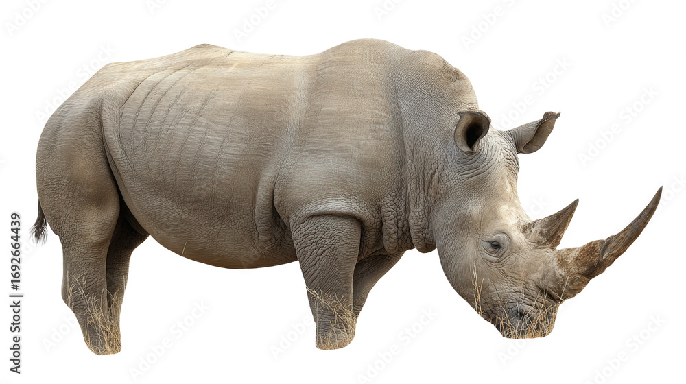 Fototapeta premium White Rhinoceros in the Savanna: A white rhinoceros grazing in the savanna, isolated on a Transparent background, PNG file.