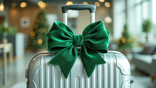 Travel suitcase gift concept in realistic style, silver and emerald green tones, representing holiday travel, gifting and departure inspiration with festive bokeh, with copy space for advertising, ret