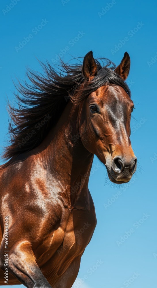 Fototapeta premium Close-up of a powerful brown horse in motion against a vibrant, clear blue sky, its flowing mane and muscles emphasized.