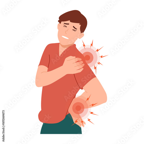 Man is experiencing intense discomfort and pain in his back and shoulder. Vector illustration