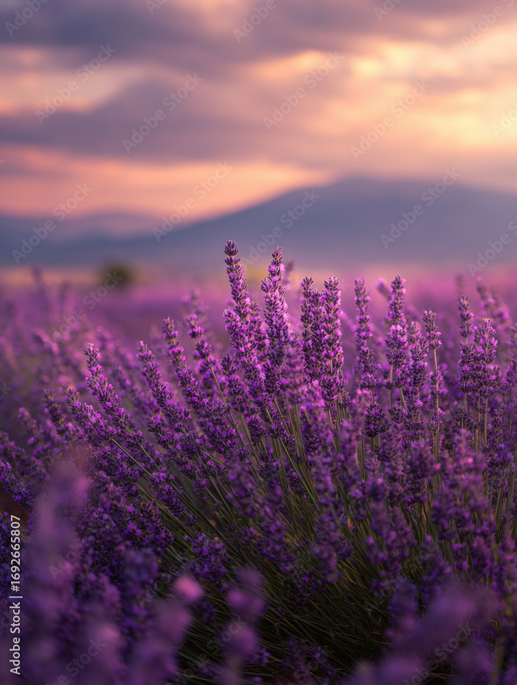 Naklejka premium Serene lavender field bathed in sunset light, purple blooms stretch toward a warm sky, creating a dreamy rural landscape with calm mood and natural charm.