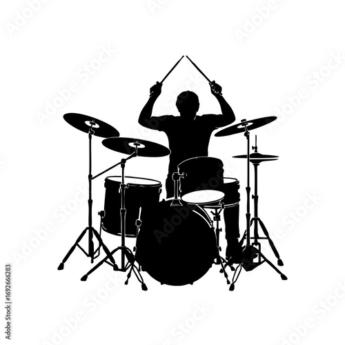 Monocolor vector silhouette of a drummer hitting drums, minimal design