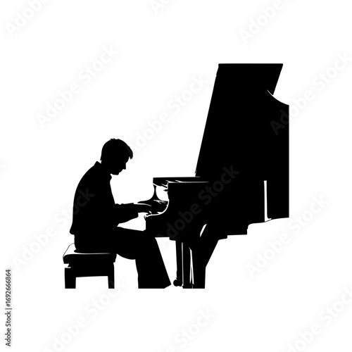 Monocolor vector silhouette of a pianist playing grand piano, clean shape