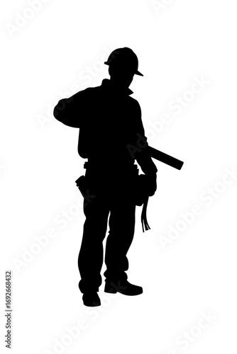 Silhouette of confident builder holding tool in minimalist black-and-white style for construction and craftsmanship themes