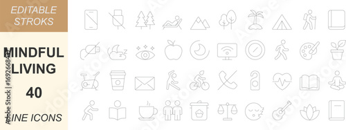 A mindful Living vector icon set with minimal line art designs of fitness, mindfulness, rest, wellness, balance, family, and freedom. Perfect for apps, web, health, and UI projects.
