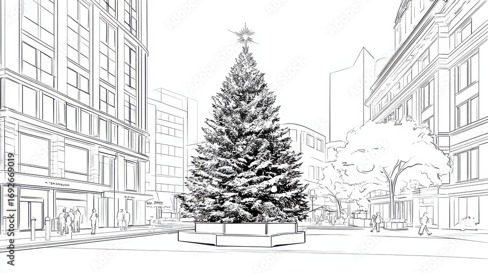 Naklejka premium Christmas Tree Decoration in Urban City Square Outline Design