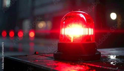 A close-up shot captures a vibrant red rotating light atop a dark metal surface.