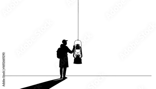 Intriguing silhouette of a traveler with a lantern, casting a dramatic shadow, perfect for conveying mystery, adventure, or a journey into the unknown, presented in a minimalist style