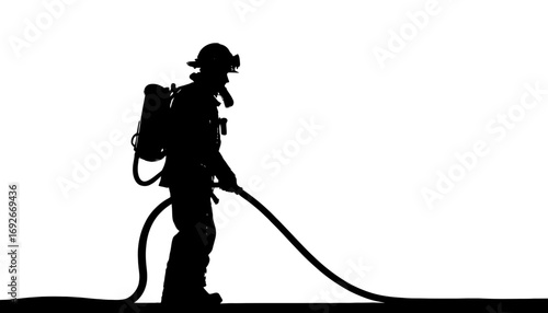 Brave firefighter silhouette stands ready with hose, embodying courage and service, ideal for safety campaigns, emergency response training, and heroic professions visuals