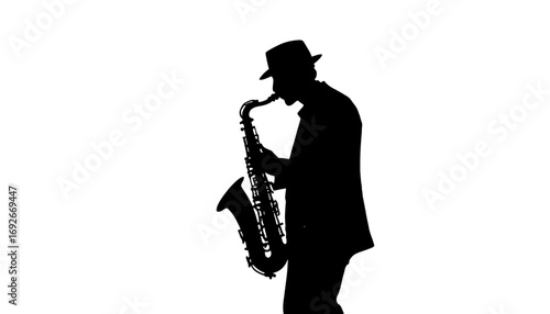 Captivating silhouette of a jazz musician playing saxophone with soul, perfect for music event promotion, artistic projects, or showcasing live performance vibes, originally a scalable vector graphic