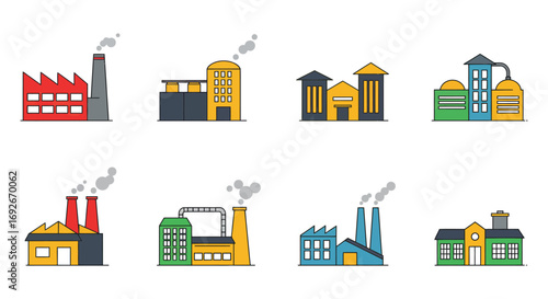 industrial buildings with smoke stacks and colorful designs
