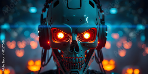 AI with scary face on halloween. Head skull of robot with lighting eyes. Bad Artificial Intelligence in image cyborg look at eyes. Tech halloween party banner. Evil computer