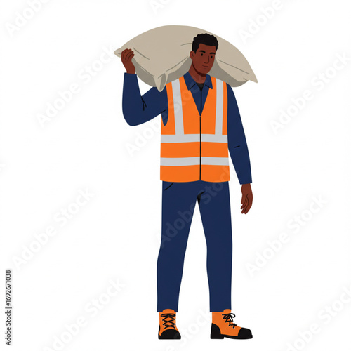A construction worker carrying a heavy sack on his shoulder, demonstrating strength and hard work. He's wearing safety gear, highlighting workplace safety